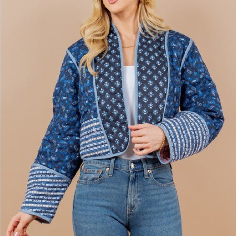 Sunday Blue Bomber Jacket with Quilted Pattern